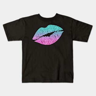 Bright Teal Pink Ombre Faux Glitter Lips Kids T-Shirt